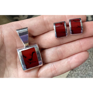 Red Jasper Semi Precious Stone Sterling Silver 925 Pendant & Earrings Set Vntg
